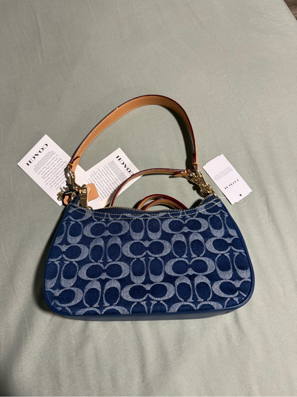 Coach Denim Signature Mini Shoulder Bag in Navy with Tan Strap - Picture 7 of 8